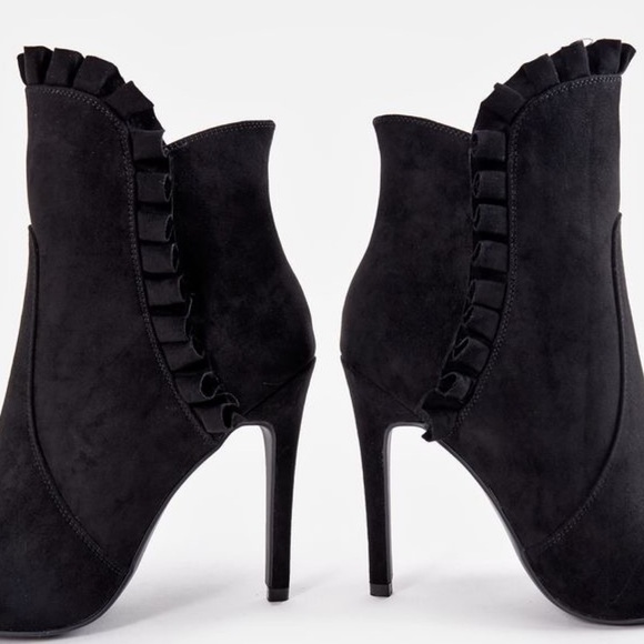 Black Faux Suede Victorian Heeled Bootie - Picture 5 of 11